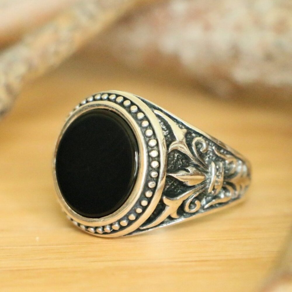 925 Sterling Silver Men's Ring Natural  Black Onyx